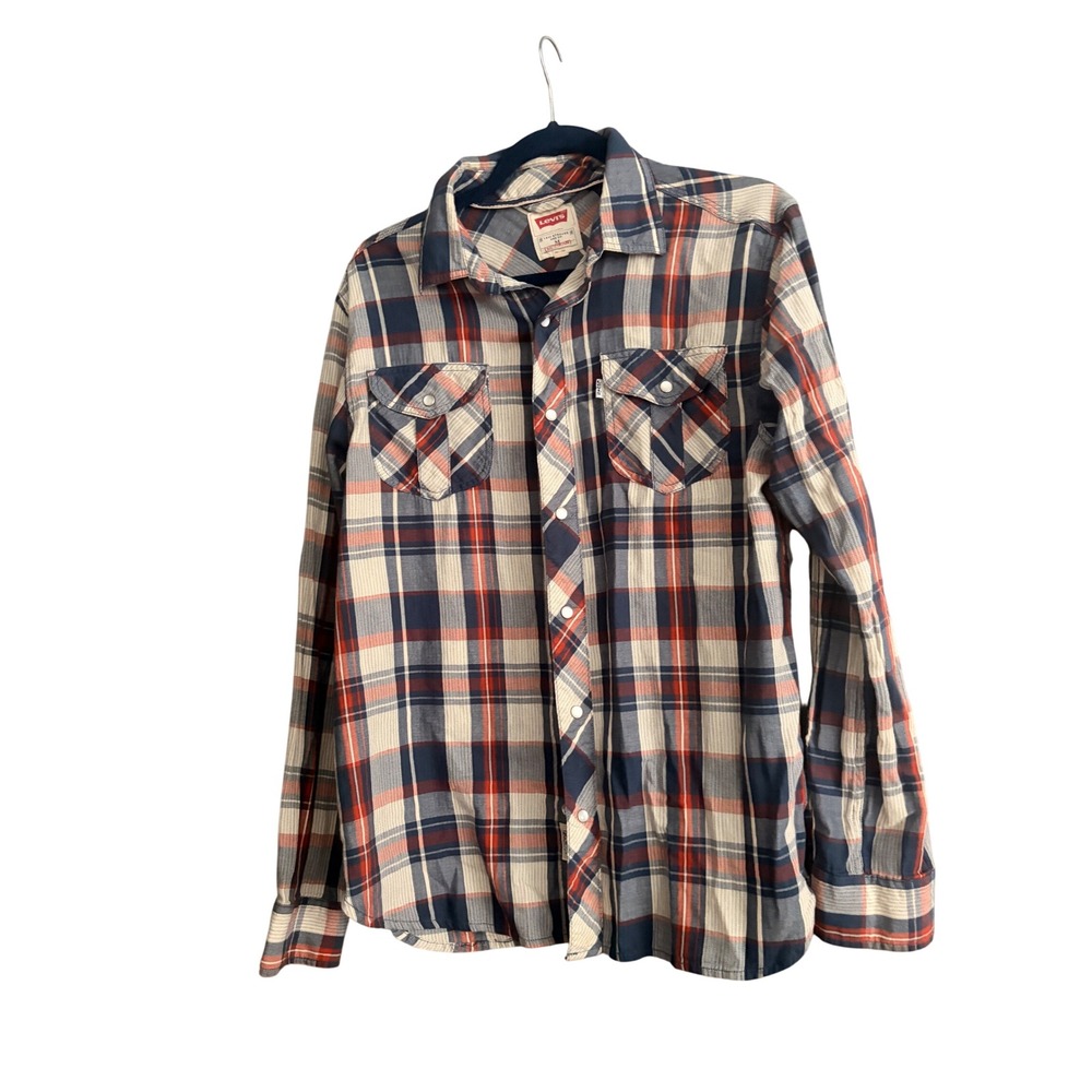 Levis Mens Modern Fit Pearl Snap Western Plaid Shirt Burnt Orange Navy Blue M